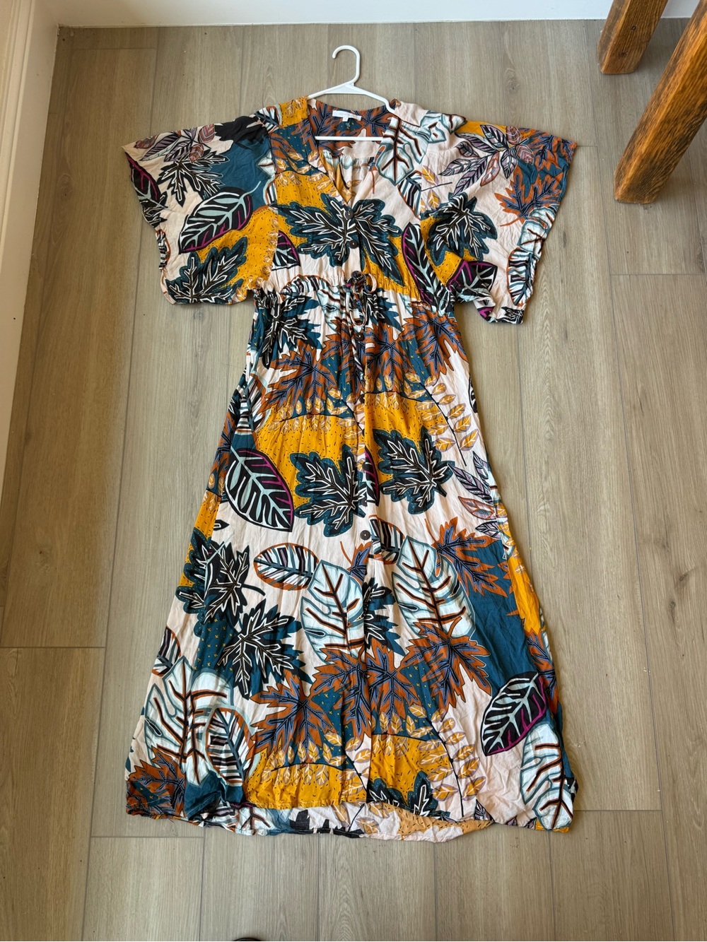 Olivaceous Tropical Leaf Print Kimono Maxi Dress M